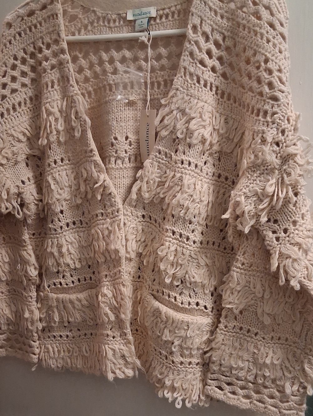 Sundance Cream Hand-Knit Loop Fringe Open Cardigan NWT